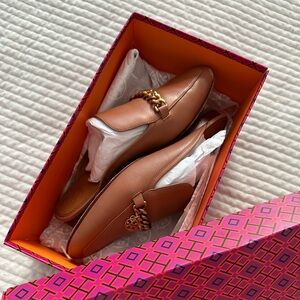 Tory Burch tan loafer slides